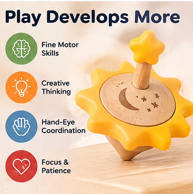 Wooden Space Spinning Top Set for Toddlers - UFO, Rocket, Planet & Sun Fine Motor Toy Set for Boys & Girls