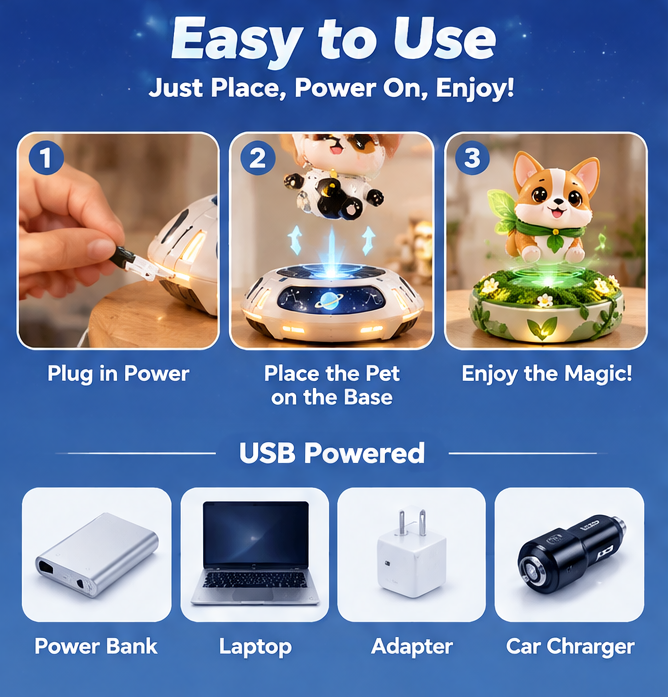 Magnetic Levitating Pet Toy - 360° Auto Rotating Floating Cute Figure with Dynamic Music & Colorful LED Lights