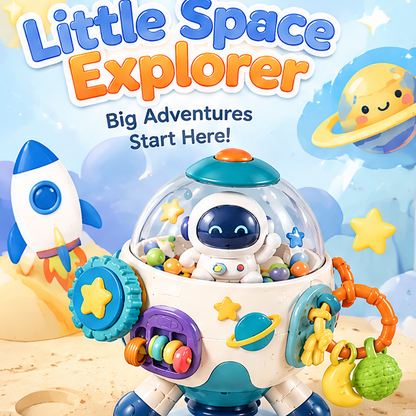 Multi-Functional Space Astronaut Sensory Toy with Suction Cup Base - 6-in-1 Baby Activity Center with Mirror, Rattles, Beads & Gears for High Chair & Floor Play