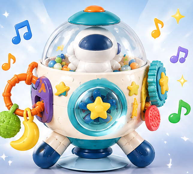 Multi-Functional Space Astronaut Sensory Toy with Suction Cup Base - 6-in-1 Baby Activity Center with Mirror, Rattles, Beads & Gears for High Chair & Floor Play
