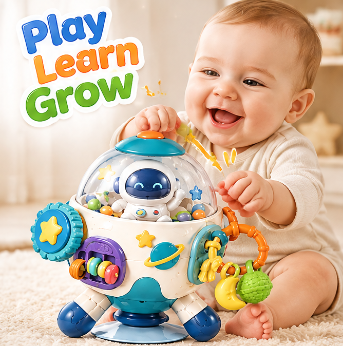 Multi-Functional Space Astronaut Sensory Toy with Suction Cup Base - 6-in-1 Baby Activity Center with Mirror, Rattles, Beads & Gears for High Chair & Floor Play