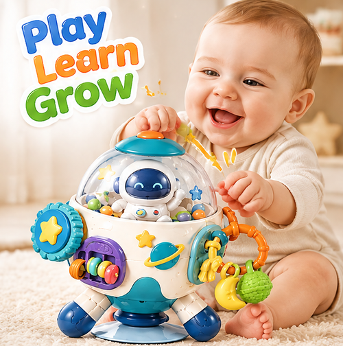 Multi-Functional Space Astronaut Sensory Toy with Suction Cup Base - 6-in-1 Baby Activity Center with Mirror, Rattles, Beads & Gears for High Chair & Floor Play