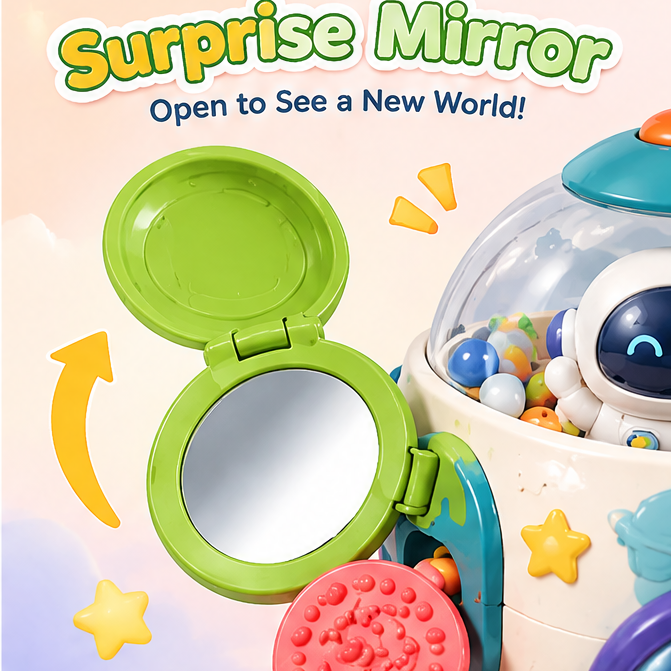 Multi-Functional Space Astronaut Sensory Toy with Suction Cup Base - 6-in-1 Baby Activity Center with Mirror, Rattles, Beads & Gears for High Chair & Floor Play
