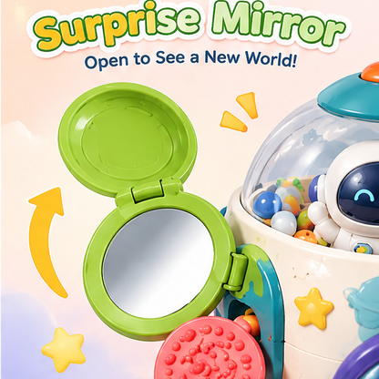 Multi-Functional Space Astronaut Sensory Toy with Suction Cup Base - 6-in-1 Baby Activity Center with Mirror, Rattles, Beads & Gears for High Chair & Floor Play