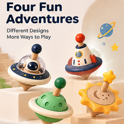 Wooden Space Spinning Top Set for Toddlers - UFO, Rocket, Planet & Sun Fine Motor Toy Set for Boys & Girls
