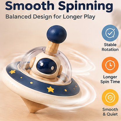 Wooden Space Spinning Top Set for Toddlers - UFO, Rocket, Planet & Sun Fine Motor Toy Set for Boys & Girls