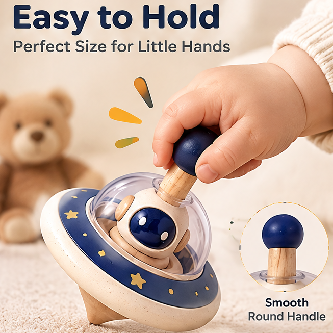Wooden Space Spinning Top Set for Toddlers - UFO, Rocket, Planet & Sun Fine Motor Toy Set for Boys & Girls