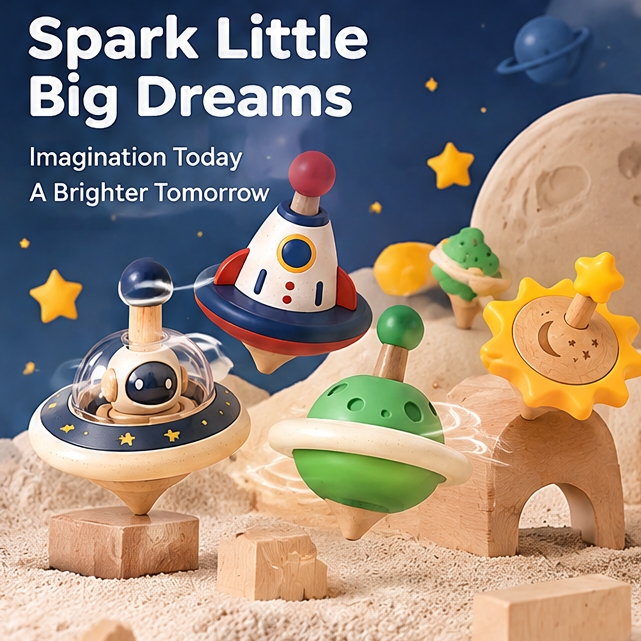 Wooden Space Spinning Top Set for Toddlers - UFO, Rocket, Planet & Sun Fine Motor Toy Set for Boys & Girls