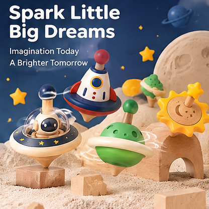 Wooden Space Spinning Top Set for Toddlers - UFO, Rocket, Planet & Sun Fine Motor Toy Set for Boys & Girls