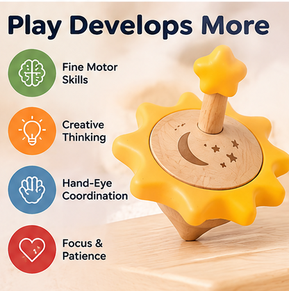 Wooden Space Spinning Top Set for Toddlers - UFO, Rocket, Planet & Sun Fine Motor Toy Set for Boys & Girls